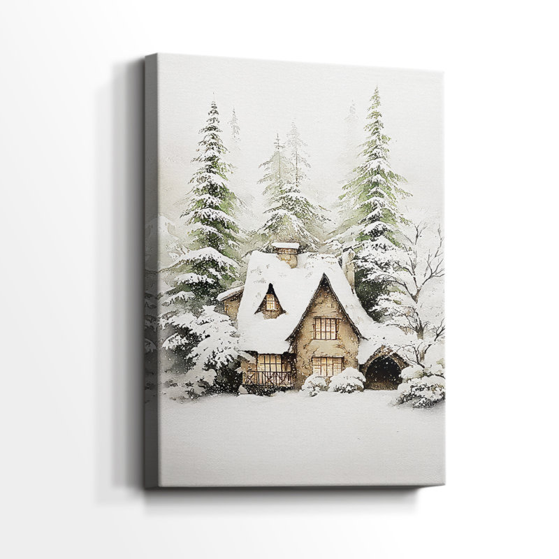 «Frostlit Cottage at Dusk» - Toile tendue avec châssis de qualité supérieure, H 48 po x l 32 po