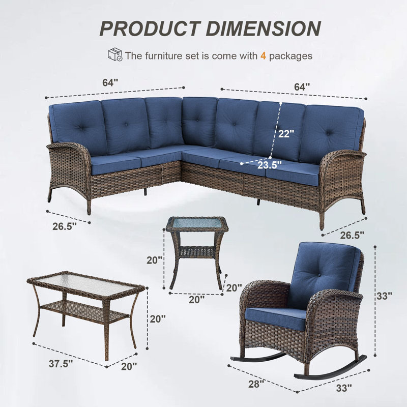 Valierius L-Shaped Outdoor Sectional Sofa & 3-Piece Rocking Chair Set, PE Wicker, Water-Resistant, Blue