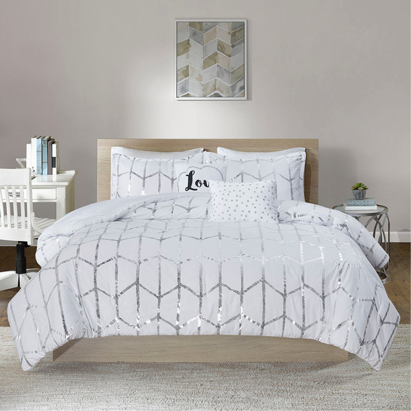 Ensemble d'édredon double / grand imprimé métallique, Édredon de grand lit + 4 pièces additionnelles, Blanc / argenté