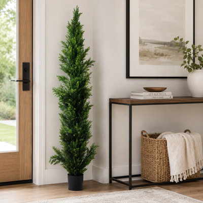 Artificial Cedar Topiary Tree with Planter, 59/71/82.7 Inch UV Resistant Tall Cypress Cone Evergreen Plant, Outdoor Indoor Porch Entryway Decor