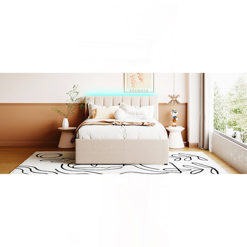 Lit plateforme tapissier avec lit gigogne double Teddy, Lit double , Beige