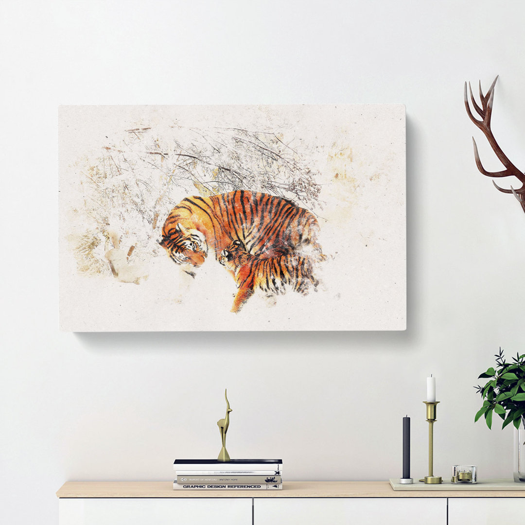 Mother Tiger & Cub in Winter - Wrapped Canvas