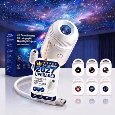 2027 New Hd Smart Dynamic 5d Holographic Night Light Projector, Plug and Play Hd Star Projector, 360° Adjustable Galaxy and Ocean Projectors for Bedroom Ceiling (6 Projection Films)