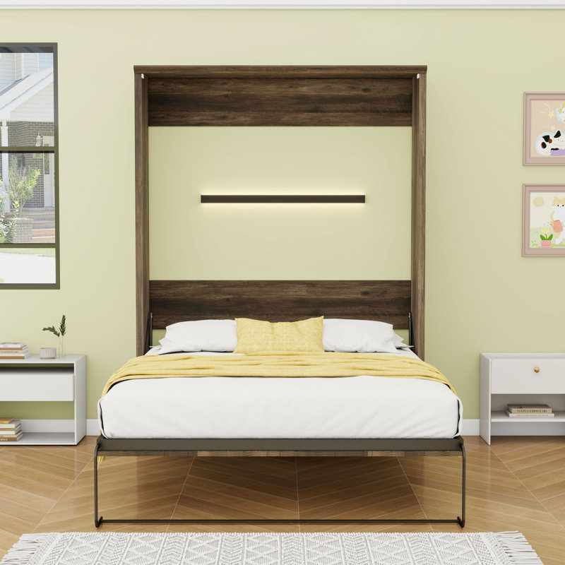 Grand lit escamotable peu encombrant avec système à deux pistons et tête de lit faciles à utiliser, Brun
