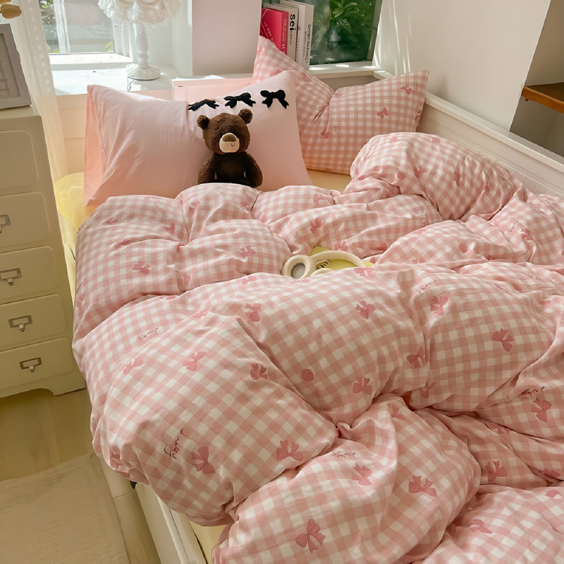 Cute Bowknot Pink And Blue Plaid Comforter Set Bowknot Polka Dot On White Pink Abstract Striped Comforter Set For Kids Girls Woman