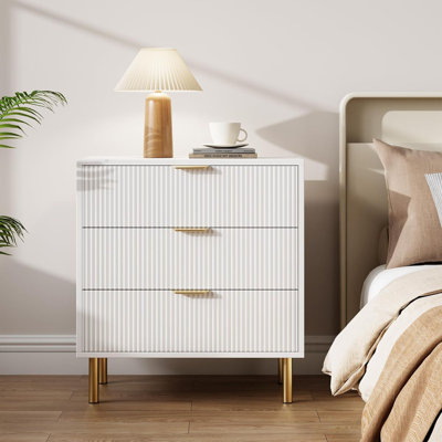 Commode 3 tiroirs pour chambre à coucher, avec poignées en métal doré