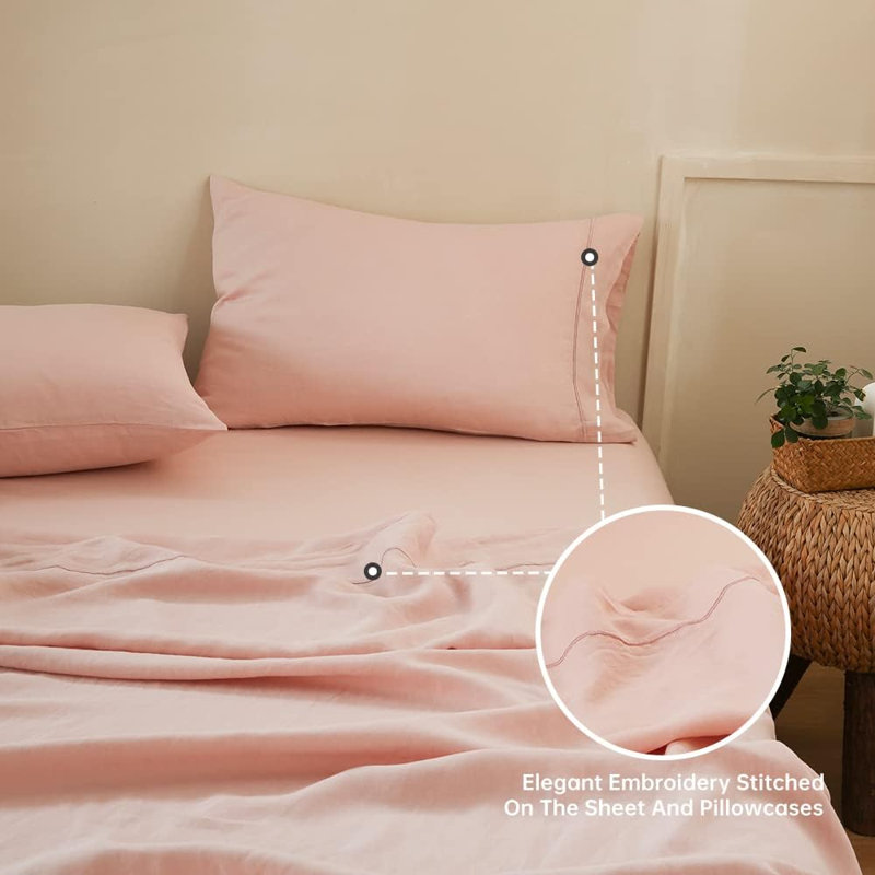 Ensemble de draps 100% lin pur, Twin Sheet Set with 1 Pillowcase, Pink