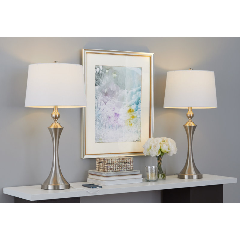 Mattoon 30.75" Table Lamp Set with USB, Brushed Nickel, White