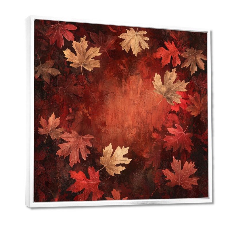 «Red Falling Maple Leaves I» - art mural feuilles, Impression encadrée flottante, H 16 po x l 16 po, Blanc