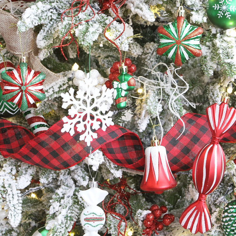 Ensemble de 50 décorations de boules de Noël incassables assorties, babioles, cannes de bonbon, clochettes, flocons de neige, pendentifs, gouttes de fleur, décorations d'arbre de Noël, elf