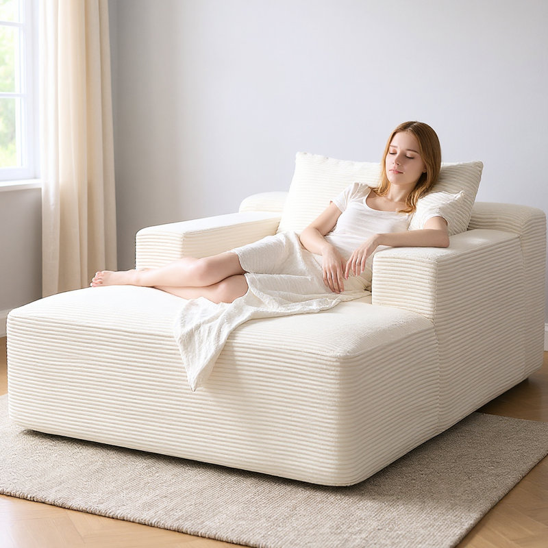 Beige Convertible Chair, Corduroy Boneless Chaise, Wide Square Arms, Full - Foam Construction, Reading