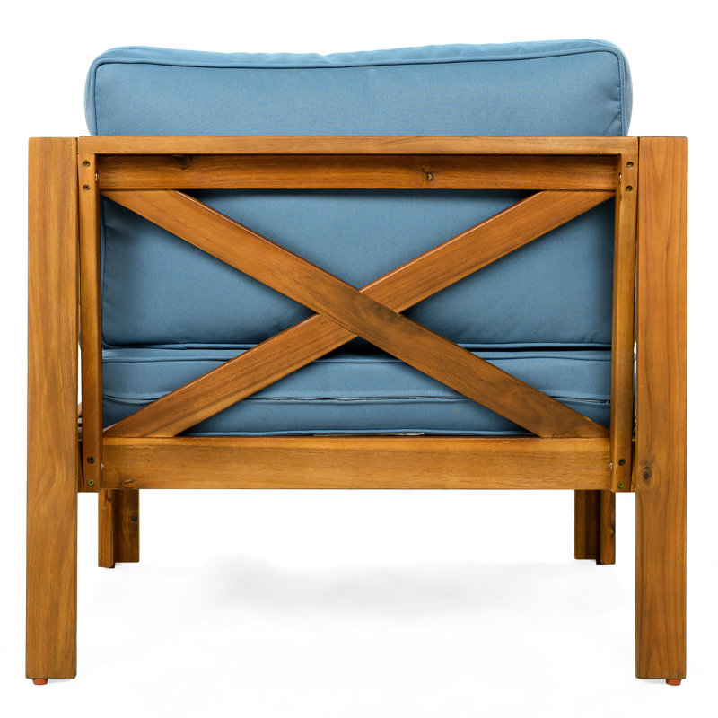 Fauteuils club d'extérieur en bois avec coussins bleus imperméables, conversation, convenant à tous les espaces confortables et ergonomiques