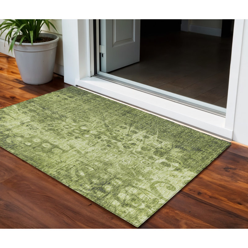 3' X 5' Olive Green Ikat Washable Indoor Outdoor Area Rug