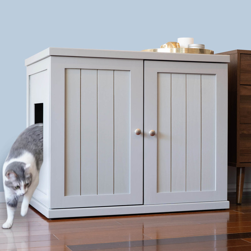The Refined Litter Box - Wood Cat Litter Box Enclosure Cabinet with Drawer, Cottage Style, Extra Large, Smoke Gray