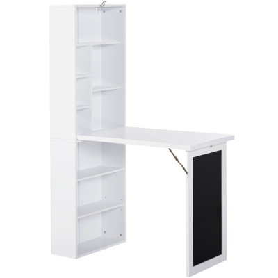 HOMCOM Fold-out Convertible Writing Table Wall Mount Desk Cabinet with Blackboard and Side Shelf Multi-Function Home Office Workstation, White