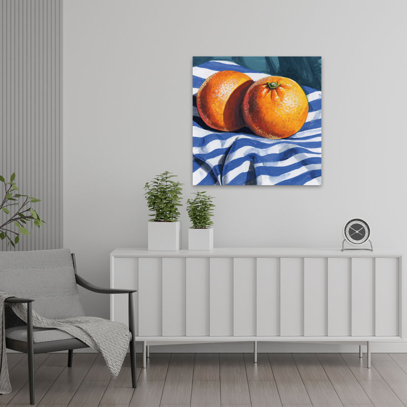 Oranges sur toile rayée, art contemporain, H 24 po x l 24 po