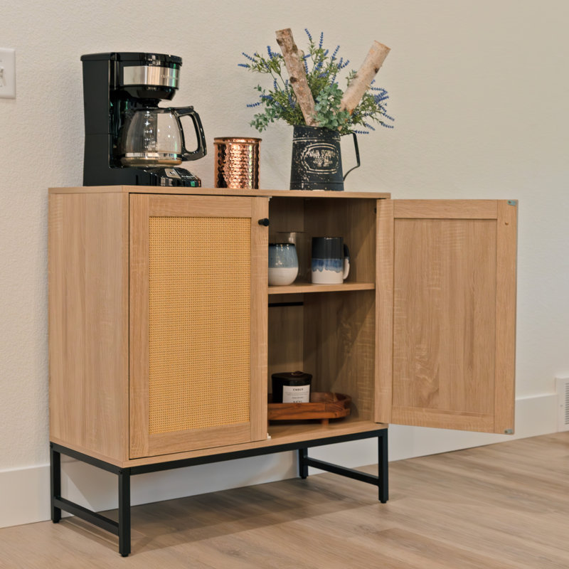2-Door MDF Accent Cabinet with Shelf and Rattan Doors - Light Oak, Light Oak