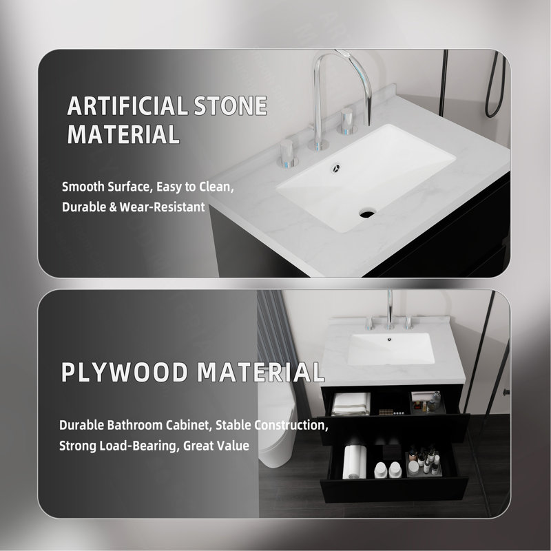 Meuble-lavabo suspendu de 61 cm avec lavabo, tiroir à fermeture amortie, comptoir et dosseret en marbre synthétique blanc de Carrare de 5 cm, contreplaqué