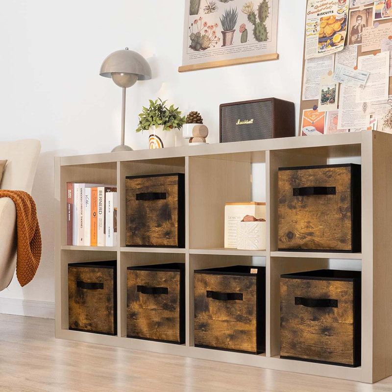 Cube Storage Bins, Cube Storage Organizer With Handles, Foldable Storage Cubes, Cubby Bins, Wood Print Storage Bins, Fit Cube Storage Unit, Rustic Brown, 13 Inch 6-Pack