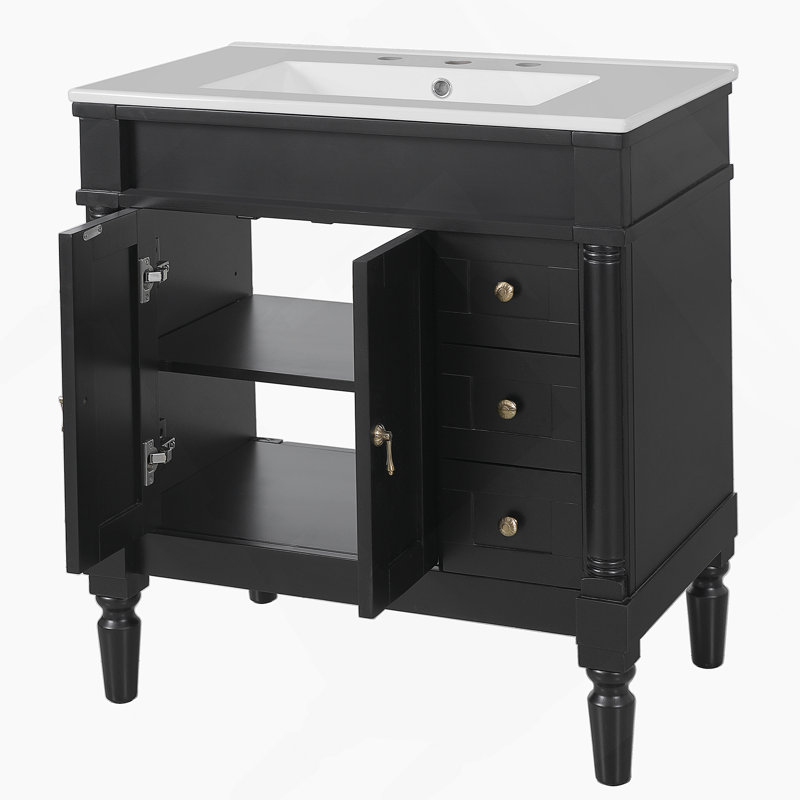 Meuble-lavabo moderne de 30 pouces, structure en bois massif et panneau de fibres à densité moyenne, 2 portes et 3 tiroirs, conception à fermeture en douceur, tablette ajustable en forme de U, lavabo en céramique, ensemble d'armoires de rangement pour salle de bain, conception moderne et élégante