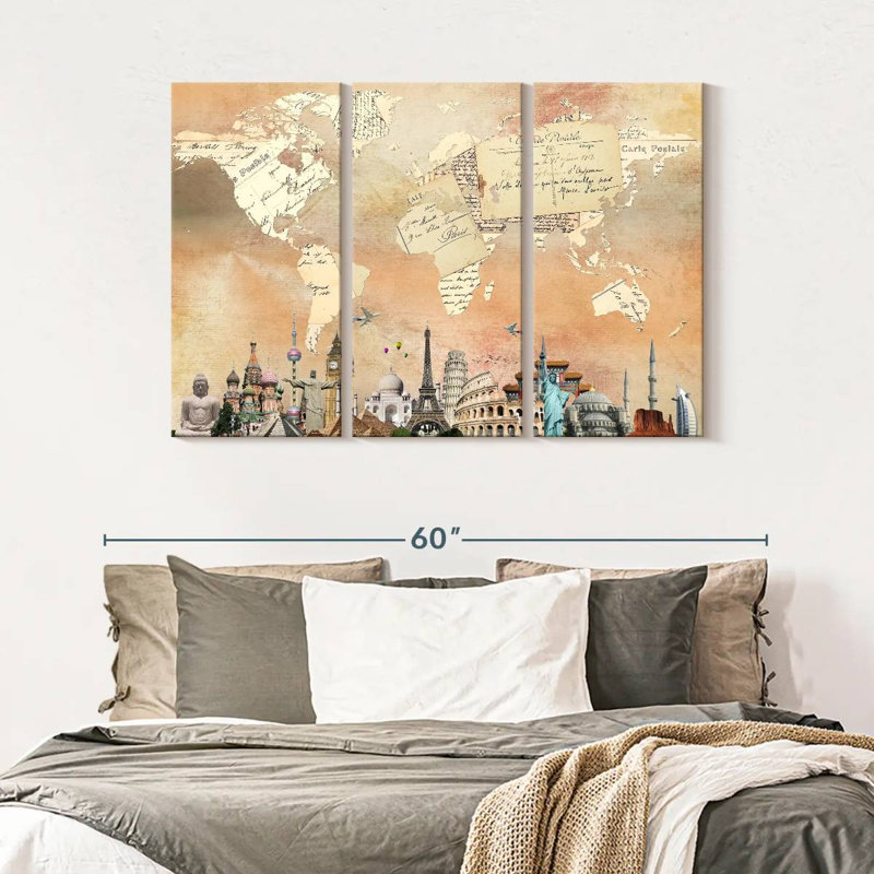 Carte postale, carte du monde, reproduction d'art sur toile, H 32 po x l 50 po x P 1,25 po