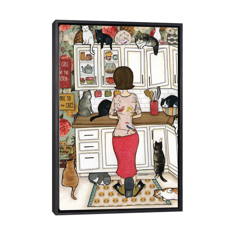 « Feed the Cats » par Jamie Morath-impression, H 40 po x l 26 po x P 1,5 po, Toile avec cadre noir patiné, Pas de tapis