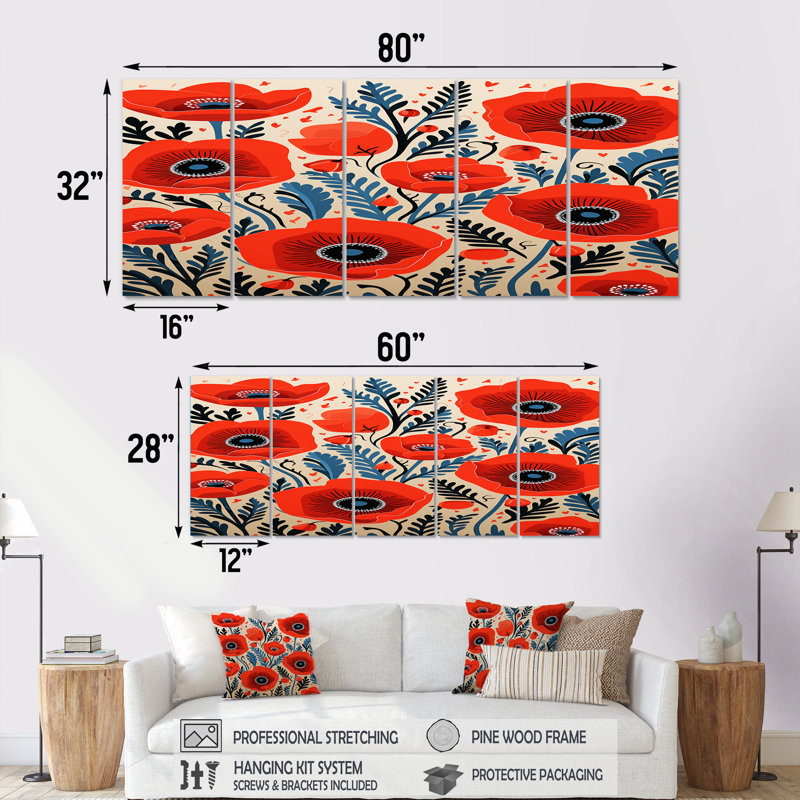 Vandyke - Art mural sur toile coquelicot 5 pièces, H 28 po x l 60 po