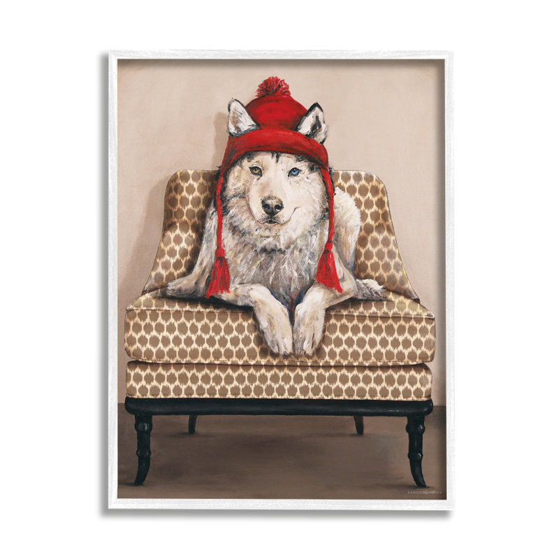 Hiver Husky rouge, chapeau de pompon chic, fauteuil de campagne gris, rustique, estampe numérique, art texturé par Kamdon Kreations