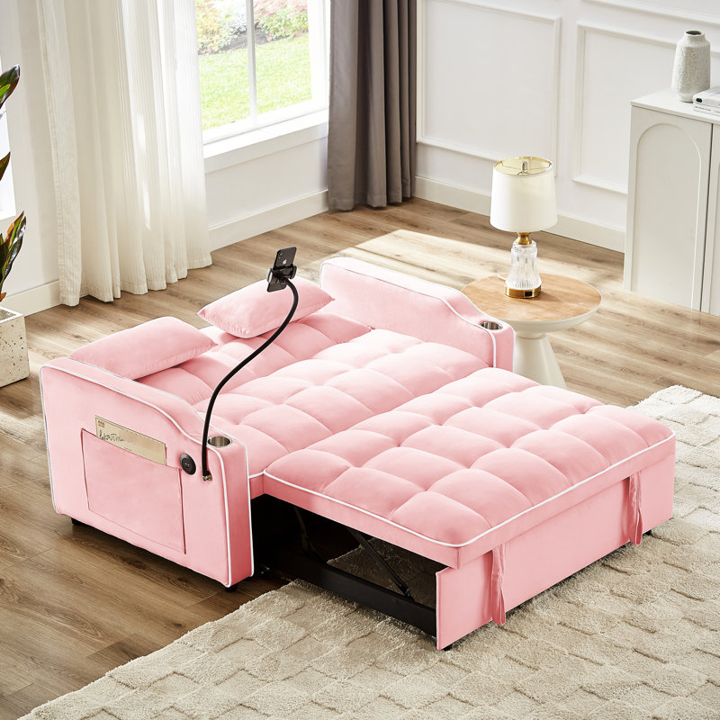 Polyvalent 3 lit rose avec dossier réglable, support de charge et support pour téléphone, Rose