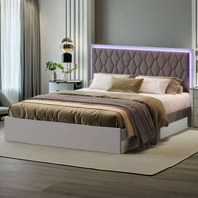 Grand lit tapissier avec lumière DEL, lit plateforme moderne avec tête de lit en velours