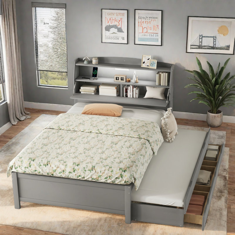 Lit plateforme en bois avec lit gigogne, tête de lit et tiroirs de rangement, Gris, Double