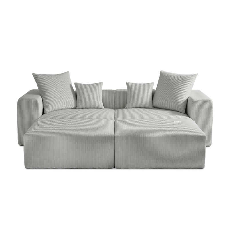 4-Piece Upholstered Corduroy Modular Sectional Sofa with Movable Ottoman – Fully Compressed, No Assembly Required, Light Grey