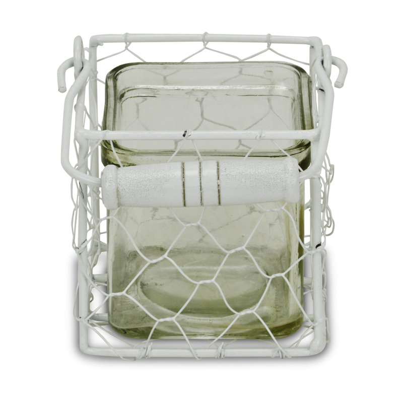4" White Glass and Metal Lattice Tabletop Lantern Candle Holder