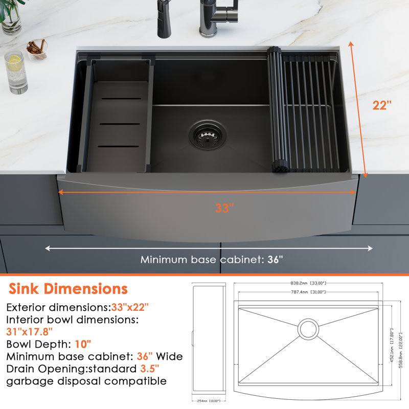 33" Farmhouse Workstation Kitchen Sink, 16 Gauge Gunmetal Black Stainless Steel Kitchen Sink With Accessories