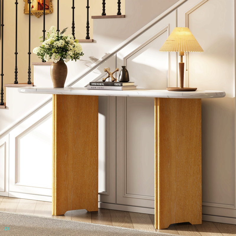 Console étroite, table de hall d'entrée avec plateau ovale en faux marbre, table de canapé rustique avec pieds incurvés, table d'appoint de couloir pour l'entrée et le salon