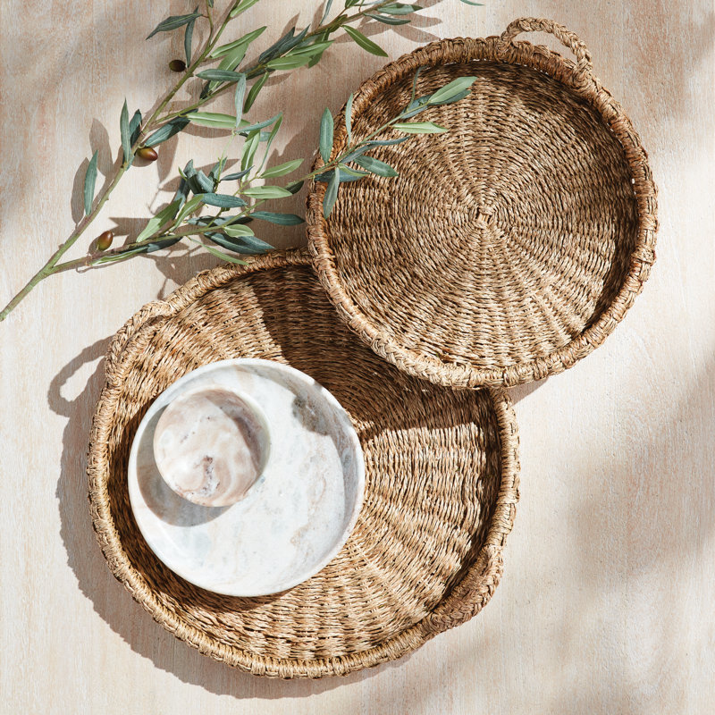 Cirque Mendong Rattan Round Trays with Handles, Set of 2