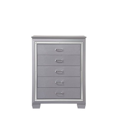 Commode haute moderne à cinq tiroirs avec détails de miroir et quincaillerie de finition chromée, détails en faux cristal pour un rangement élégant