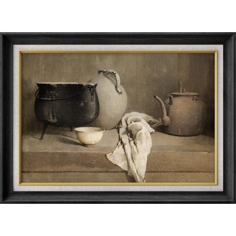 " IDEA4WALL Premium Framed Wall Art Kitchen Teapot, Pan & Bowl Nature Wilderness Illustrations Fine Art Farmhouse/Country Decorative Rustic Vintage Antique Classic For Bedroom "