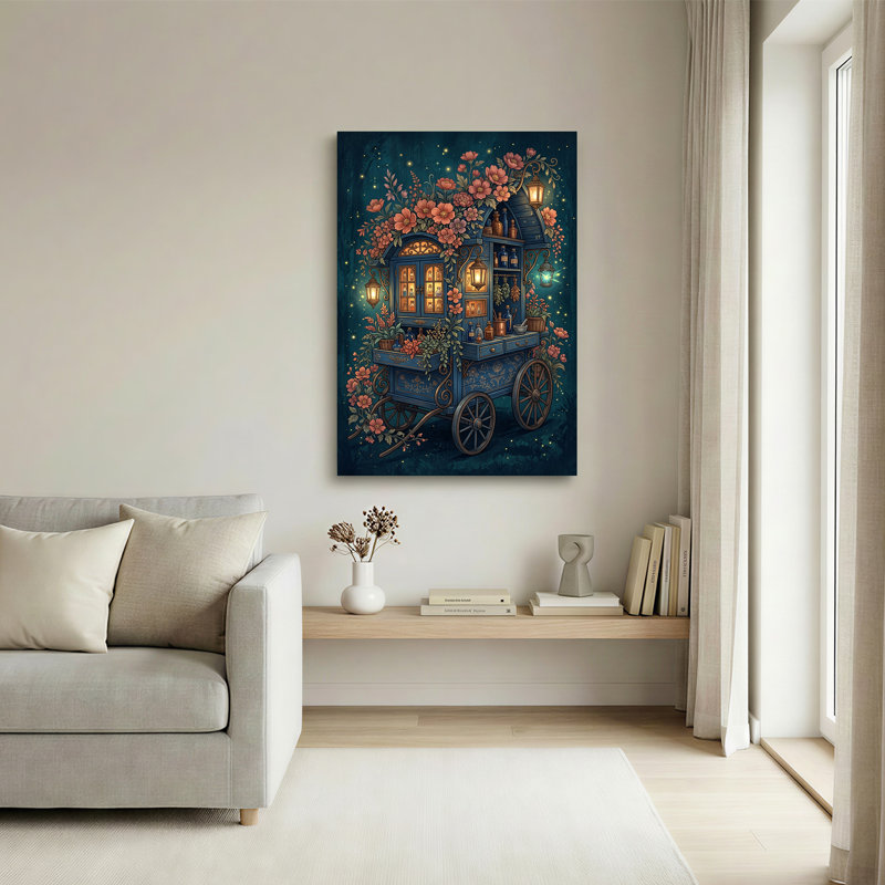 «Blue Apothecary Cart» avec lanternes lumineuses et fleurs roses, art mural sur toile, H 18 po x l 12 po
