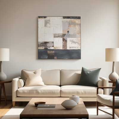 Art mural sur toile avec motif géométrique abstrait texturé sur toile et cadre en bois - Style transitionnel moderne pour le bureau de la chambre à coucher - Ivoire, bleu, brun