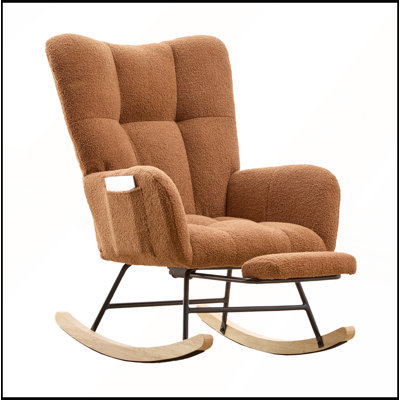 Ensemble chaise berçante à bascule en tissu Teddy avec repose-pieds et poche de rangement latérale, base en bois massif.