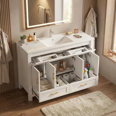 Meuble-lavabo de salle de bain de 122 cm avec lavabo, meuble sur pied avec portes et tiroirs à fermeture amortie, grand espace de rangement, blanc