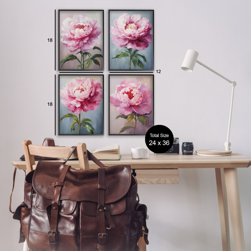  "Flush Pink Florals", ensemble de 4 giclées par Petal Prints Design, H 18 po x l 12 po, Giclée encadrée noir minuit