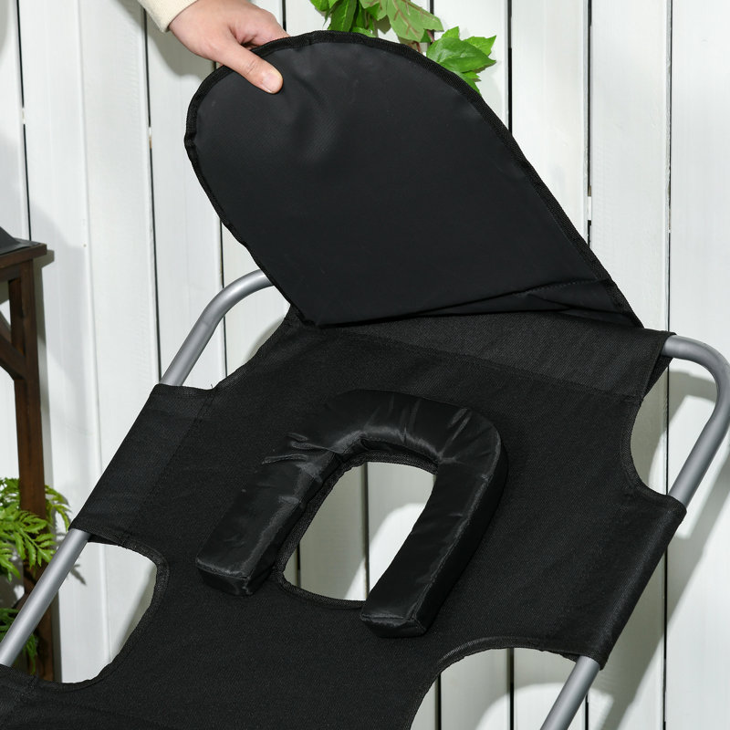 5-Level Adjustable Poolside Chair With Face Hole, Armrest Slots & Pockets, Pillow, Black Beach Recliner Arm Slots, Pillow And Fabric