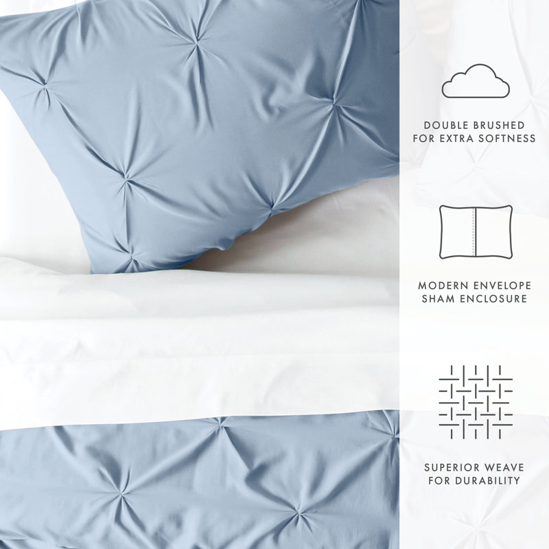 Pinch Pleat Textured Duvet Cover Set, Queen Duvet Cover + 2 Shams, Light Blue