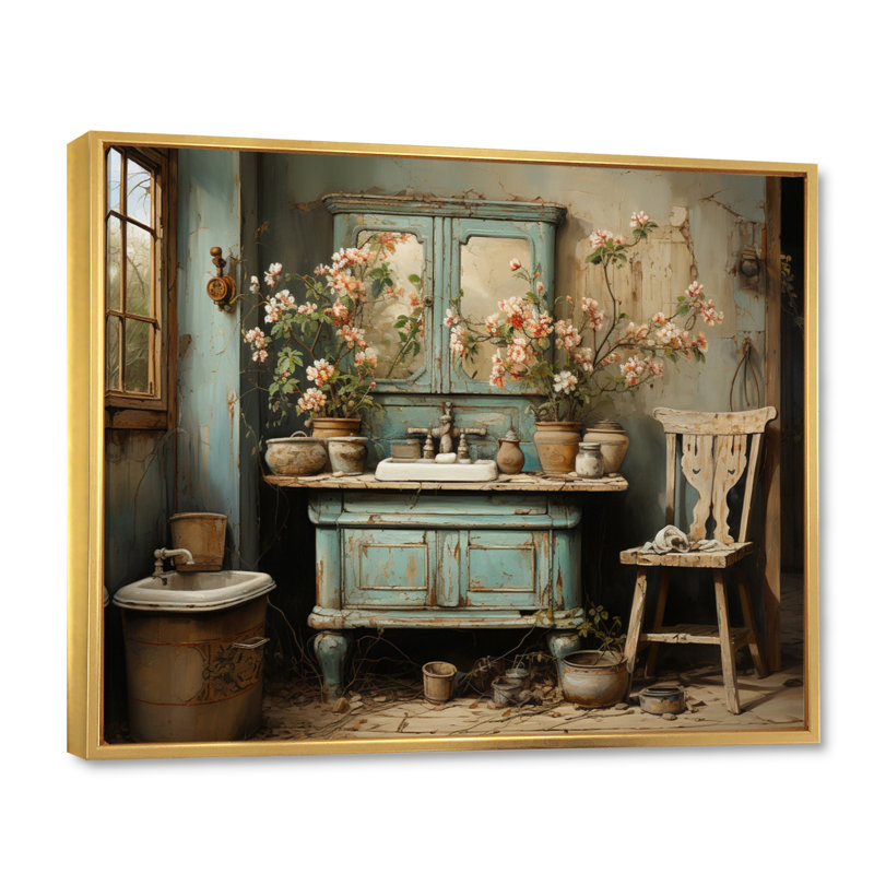 «Bathroom Bathroom Vintage Charm I» - Art mural encadré pour salle de bain, H 16 po x l 32 po x P 1 po, Cadre flottant doré