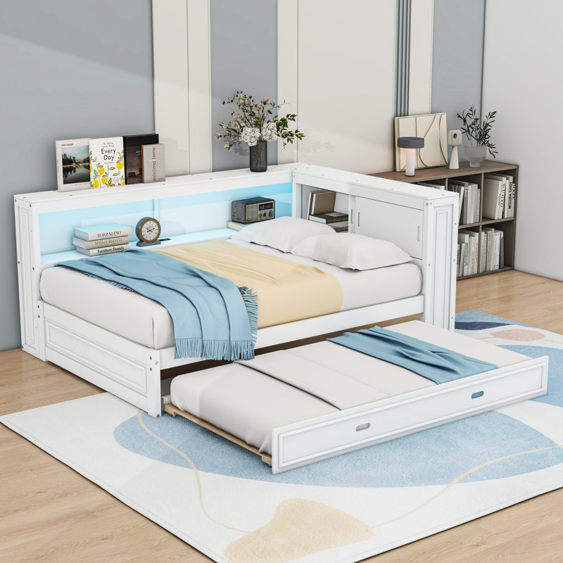 Full-Size Wooden Daybed with LED Light, Storage Shelves, USB Charging Station, and Twin Trundle, White