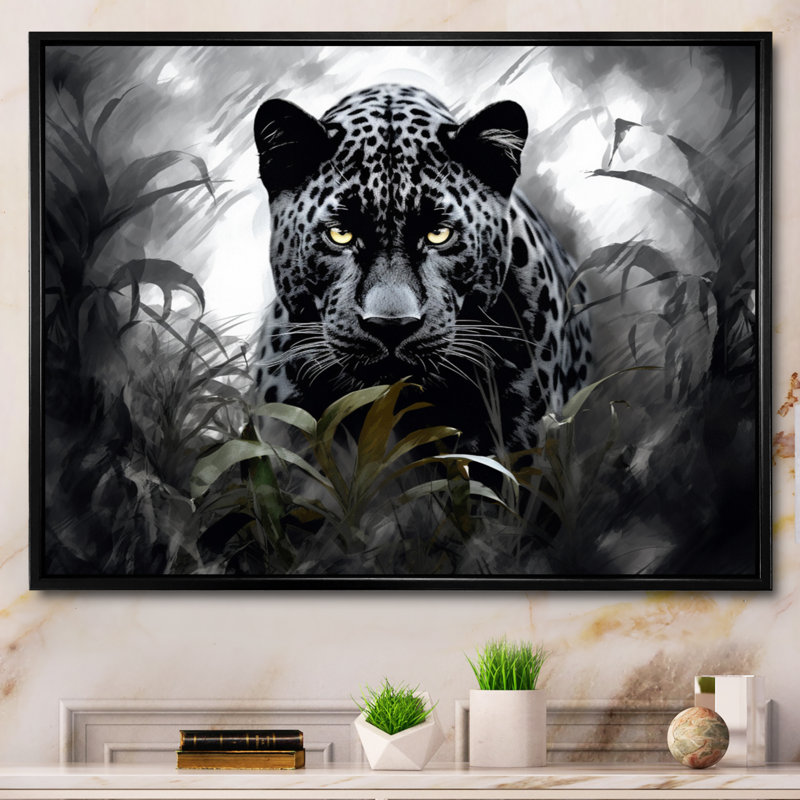 «Grey White Panther Silent Majesty», reproduction d'art sur toile, 34" H x 44" W, Cadre flottant noir