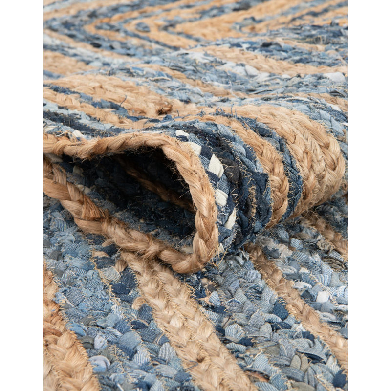 Philo Striped Handmade Braided Jute Blue Area Rug, Table Runner 1'2" x 8'