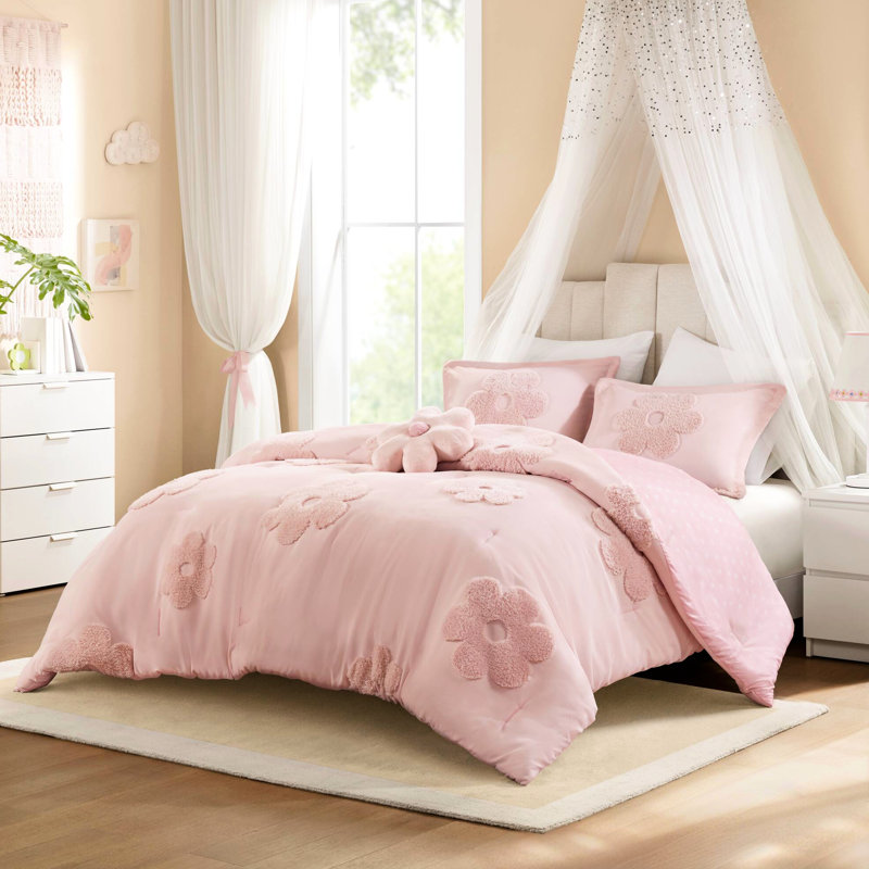 Couette réversible en chenille rose à motif floral pour lit double/queen - revers à pois, lavable à la machine, incluant un coussin décoratif à fleurs.